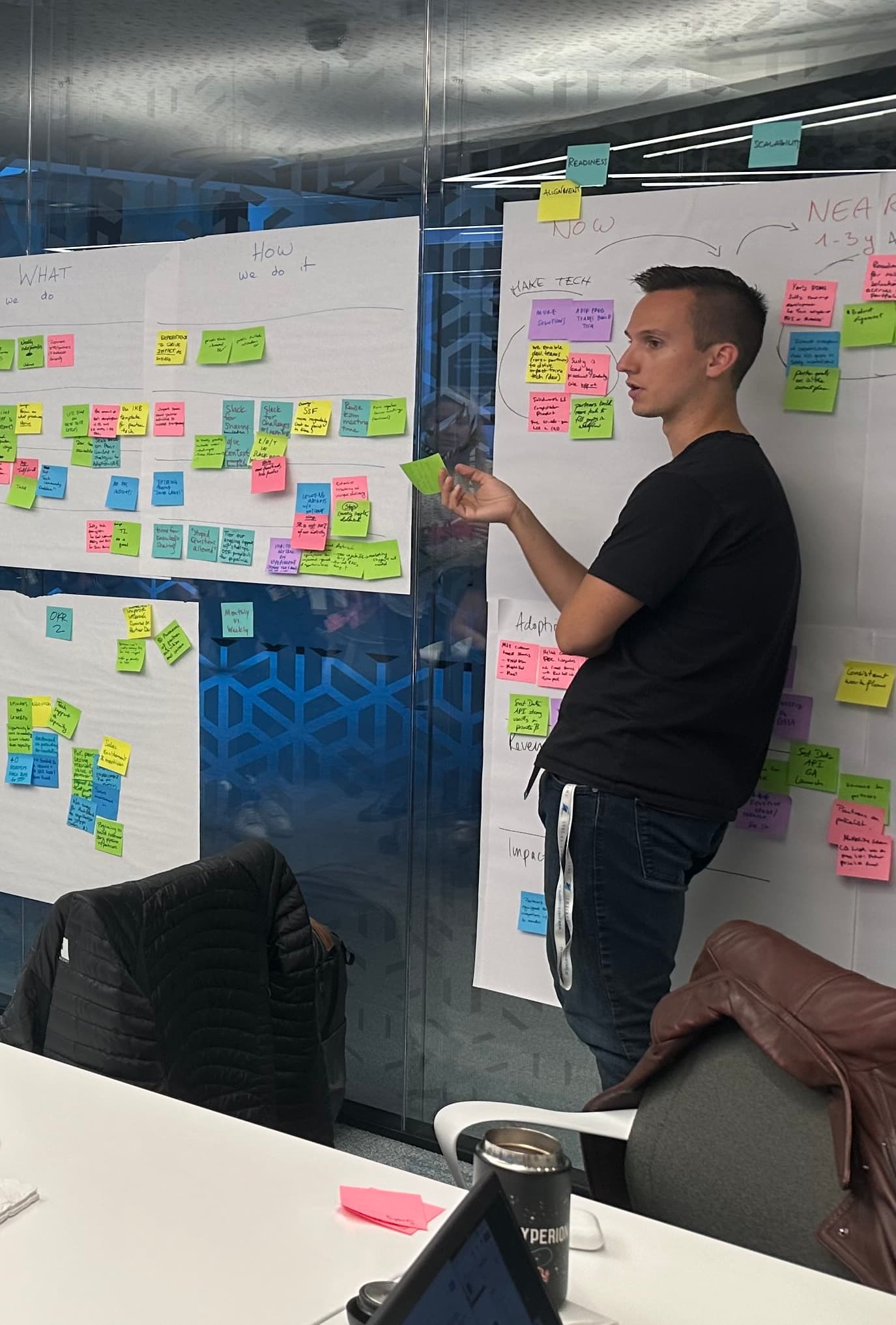 Luka Kralj discussing product strategy on a whiteboard with many post-it notes