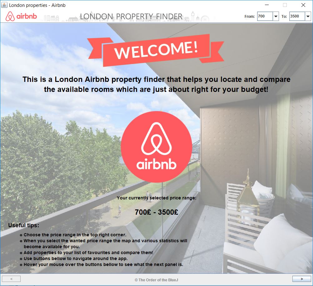 London property finder – welcome screen
